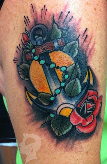 Mike Riedl - colorful tradtional anchor with rose tattoo, Mike Riedl Art Junkies Tattoo